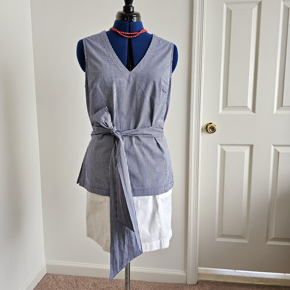 Max Jeans Gingham 50s Top Blue White Belted Tie Waist Summer Sleeveless Blouse M